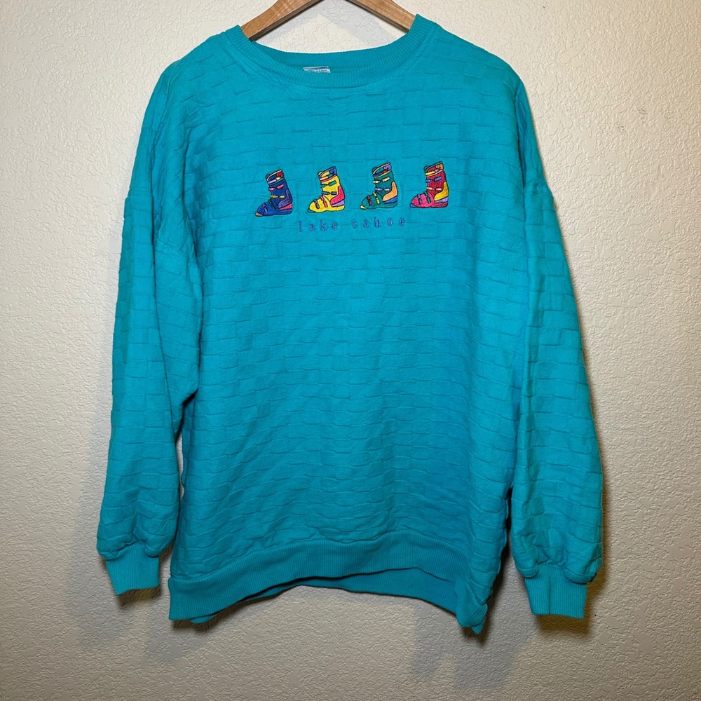 VTG Crazy Shirts Hawaii Women XL Sweater Crewneck Ski Logo Teal Oversized Chunky